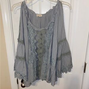 POL Women's Blue Lace Accent Blouse